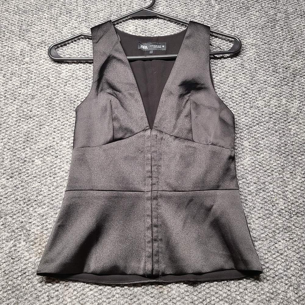 Zara Corset Vest Top Womens XS Black Satin Deep V Neck Peplum Hem Sleeveless